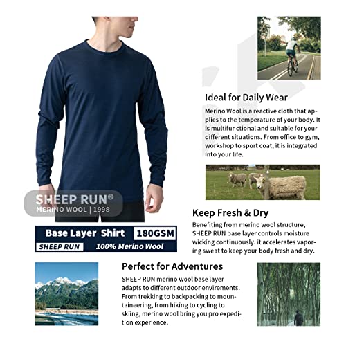 SHEEP RUN 100% Merino Wool Men's Wicking Breathable Base Layer Hiking Running Long Sleeve Shirt2
