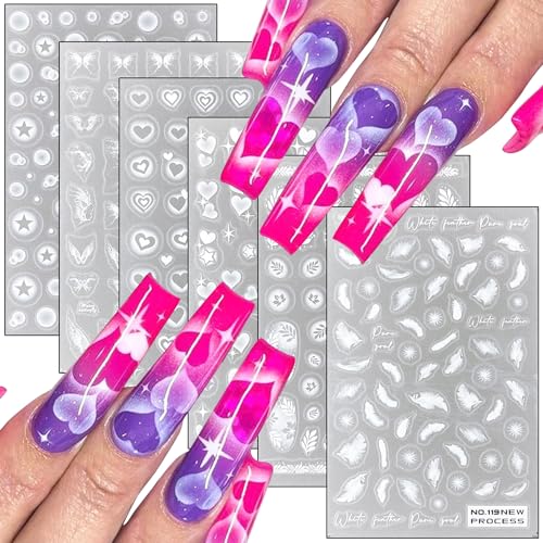 Vezocim White Nail Art Stickers Decals Ultra Thin 3D Nail Self-Adhesive Sticker Designs Heart Star Feather Butterfly Leaf Nail Transfer Decal Supplies for Women Girls Manicure Charm Decorations