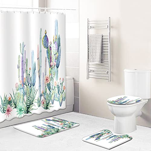 Duschvorhang Kaktus Badezimmerteppich 4-Teiliges Set, Duschvorhang 180x180 Polyester+Badematte rutschfeste(45x75)+U-Typ…