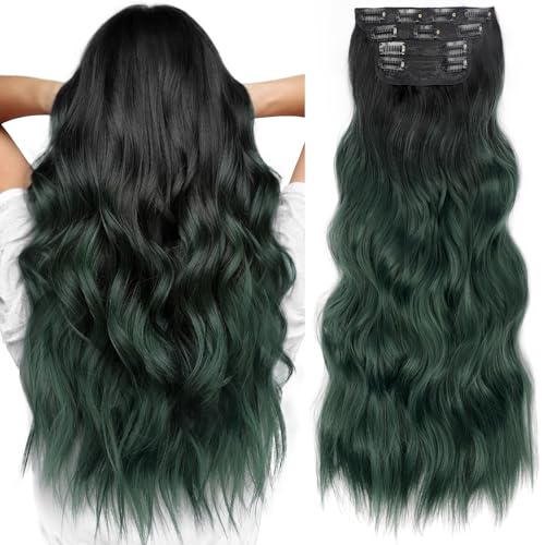 Image of KooKaStyle Wavy Thick Clip in Hair Extensions 24 inch Black to Green Ombre | 4 Pieces Clip in Extensions,Fiber Double Weft Hairpieces,Natural Volume,Beach Wave Long Synthetic Hairpieces for Women