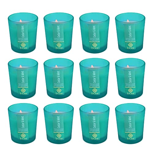 Image of EKAM Cedar & Mint Votive Soy Wax Scented Candle, 40 Grams, 10 Hours Burn Time| Long Lasting Premium Candles | Ideal for Home Decor | Gifting & Aromatherapy (Pack of 12)