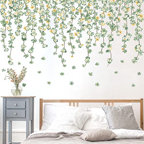 Flower Vines Wall Sticker Clover Leaves Hanging Vine with Daisy Flowers Wall Decals Stickers Wall Art for Bedroom Bathoom Kids Wall Decor