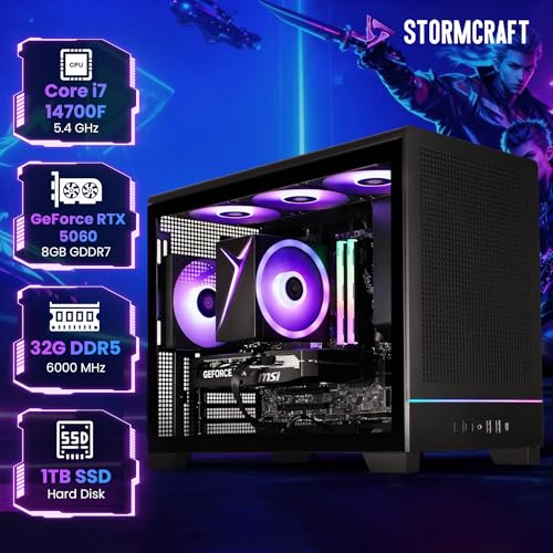 Image of STORMCRAFT PC Gamer Viper AI Gaming PC,Intel i7 14700F 5.4GHz, GeForce RTX 5060,32GB DDR5 RGB RAM 6000MHz,1TB NVMe SSD, B760 Chipset,650W Gold PSU,WiFi,Bluetooth,Win 11 Home Prebuilt Tower Computer