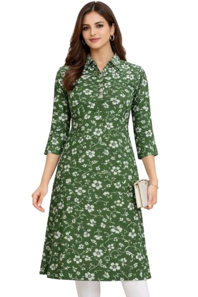 Women's Floral Print Kurti, Green, Shirt Collar, 3/4 Sleeves, A-Line Kurta-picture-29