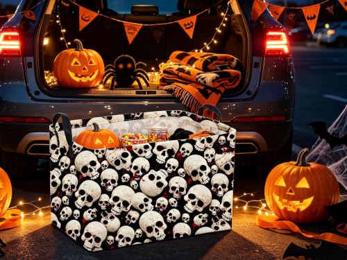Image of Sanjiaofeng Rectangular Gothic Skull Halloween Storage Basket,Empty Halloween Basket.Cute Baskets for Room Decor, Pumpkin Baskets with Handles.Books Bins,Gifts Box(Skull)