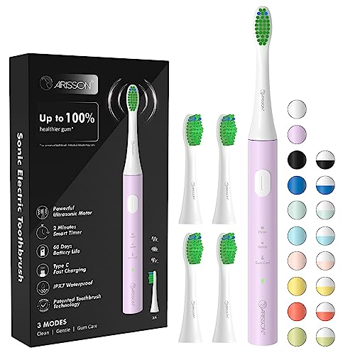 Image of Arisson Sonic Electric Toothbrush for Adults and Kids with 4 Brush Heads, Type C Fast Charging, 40,000 VPM, 3 Mode with 2 Minutes Smart Timer, 1.6 Oz-White on Cotton Candy