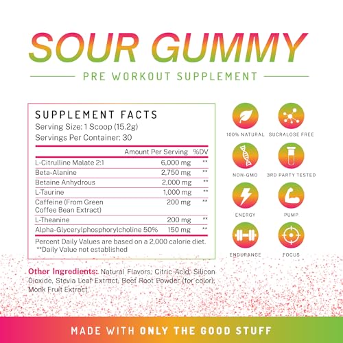 Image of Pre-Workout Powder, All Natural Pre Workout for Energy, Pump, Endurance & Strength, with Caffeine (Sour Gummy)
