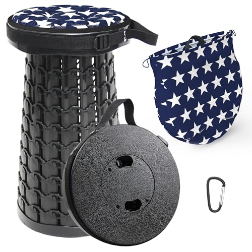 ALEVMOOM Taburete Telescópico Portátil Altura Ajustable 6,5-45 cm,Taburete Plegable Camping con Cojín y Bolsa de Transporte,Silla Plegable Portatil para Acampar,Pescar y Playa,Capacidad 200kg