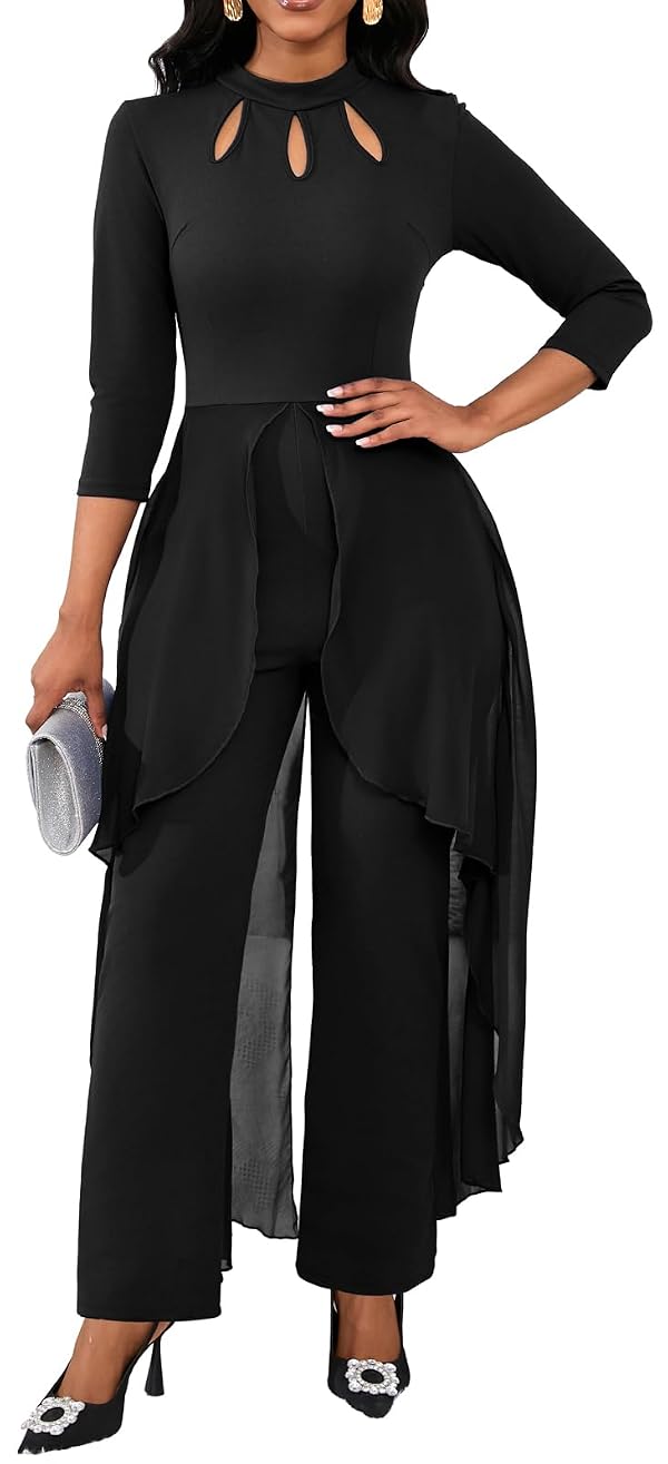 Black Jumpsuit for Women 3/4 Sleeve Mock Neck Outfit with Chiffon Overlay,S by VisiChenup - Used condition - Image 5