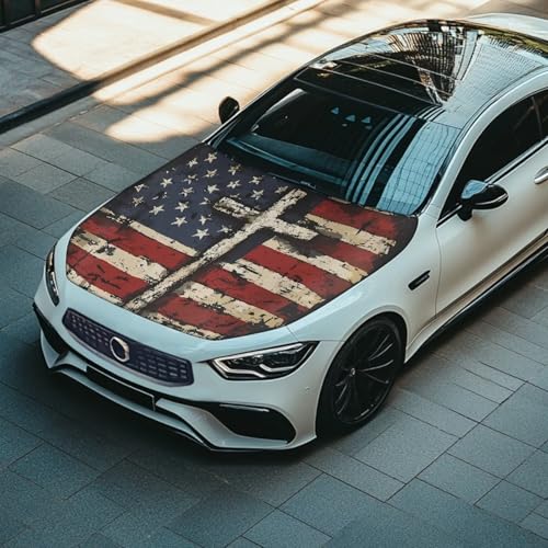 Image of Cross Car Hood Cover Patriotic American Flag Car Front Hood Cover with Elastic Band Universal Car Bonnet Banner Auto Accessory Universal Fit for Most Cars Sedans, 4th of July