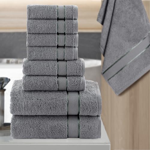 Image of Elegant Comfort Premium Cotton 8-Piece Towel Set, Includes 4 Washcloths, 2 Hand Towels and 2 Bath Towels, 100% Turkish Cotton - Highly Absorbent and Super Soft Towels for Bathroom, Grey