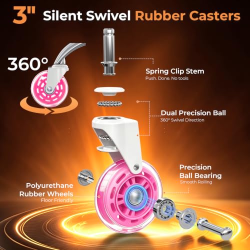 Image of Office Chair Wheels for Casters Replacement - 3 inch Rubber Wheels for Computer Gaming Desk Caster Smooth & Safe Rolling for All Floors Including Hardwood and Carpet - Set of 5 - Pink