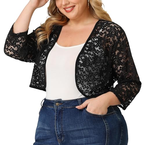 Agnes Orinda Plus Size Floral Lace Shrug for Women Elegant 3/4 Sleeve Lightweight Sheer Bolero Cardigan