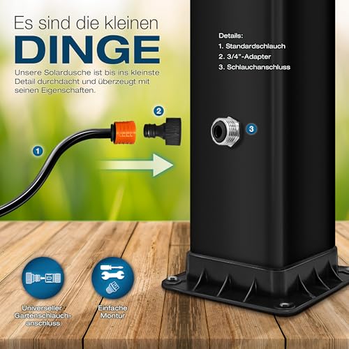 tillvex Solardusche 40 Liter inkl. Schutzhaube | Solar Garten-dusche warmes Wasser | Pooldusche Camping | ohne Stromanschluss | mit Wasserhahn und Regenduschkopf | Gartenschlauch-Anschluss