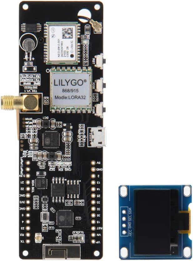 LILYGO T-Beam V1.2 board with an OLED screen connected