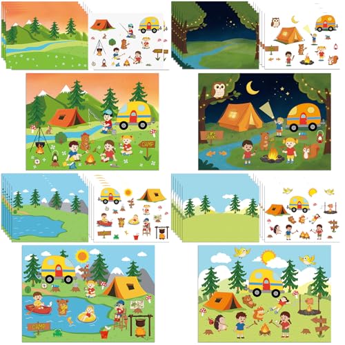 Marspark 24 Pcs Summer Camp Sticker Scenes 4 Different Summer Camping Crafts Kit DIY Sticker Scene Multicolor Educational and Learning Activities for Vacation Bible School Vbs DIY Craft Party Activity