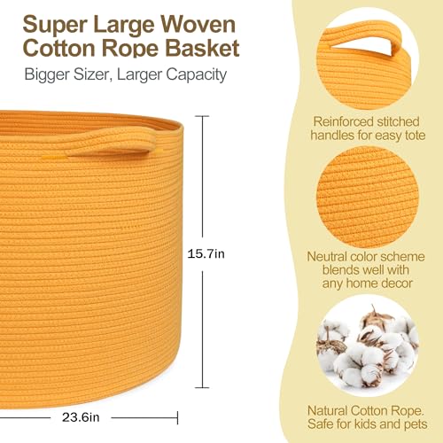 Image of MEGASKET Extra Large 115L Orange Basket, 23.6 inchx15.7 inch Woven Cotton Rope Bins for Blankets, XXXL Baby Nursery Laundry Towel Basket, Oversized Kids Dog Toy Storage Box, Orange Living Room Decor Organizer