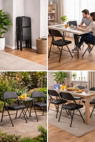 Image of MLU Set of 2 Folding Chairs with Padded Seat & Backrest, Heavy-Duty Steel Frame, Portable & Compact Foldable Chairs, Waterproof Vinyl Cushion, No Assembly Required, Black