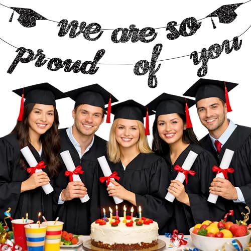 Image of Graduation Decorations 2026 2027 | Pre-Strung Class of 2026 Graduation Banner, Black Glitter We are So Proud of You Grad Banner for Graduations Party Decorations Favors Supplies School Home Car Decorations