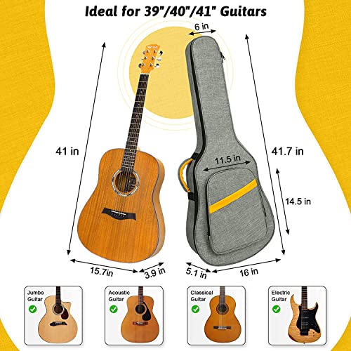 Image of Heavy 40 41 Inch Acoustic Guitar Bag Waterproof Guitar Case Gig Bag 8MM Padding with Back Hanger Loop- Grey Soft Case, CY0152
