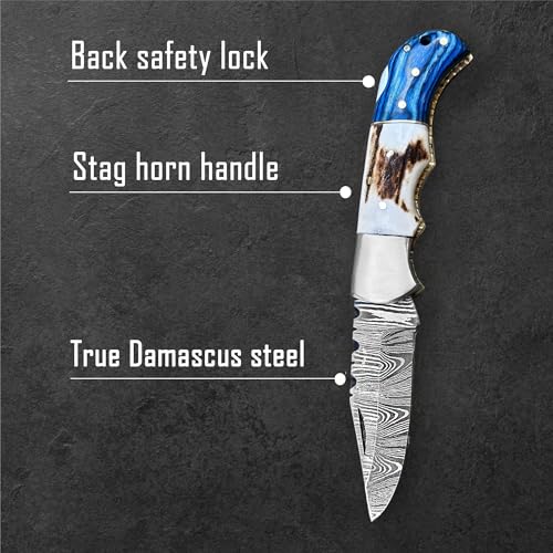 Personalized Damascus Pocket Knife For Men, 6.5" Handmade Engraved Folding Knives with Leather Sheath For Hunting, Camping, Hiking, Stag Antler Handle Back Lock Knife, Customized Father's Day Gift