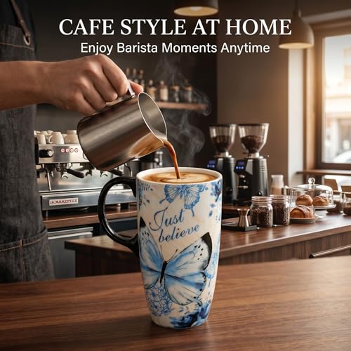 Taza de cerámica azul con mariposas 17oz con tapa miniatura 2