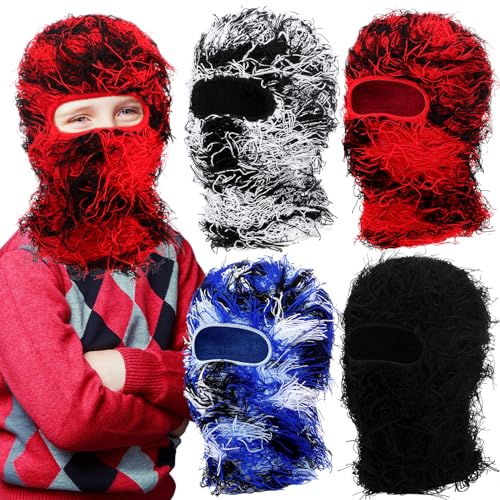 Chuarry 4 Pcs Kids Distressed Balaclava Face Mask Windproof Knitted Distressed Ski Mask Winter Full Face Mask for Boys Girls