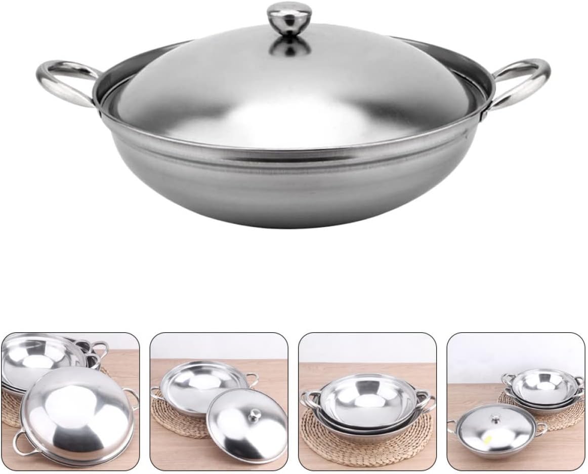 Stainless Steel Pan Paella Cooking Pan Wok Casserole Pot Cooking Wok with Lid: 2 Wok Pan