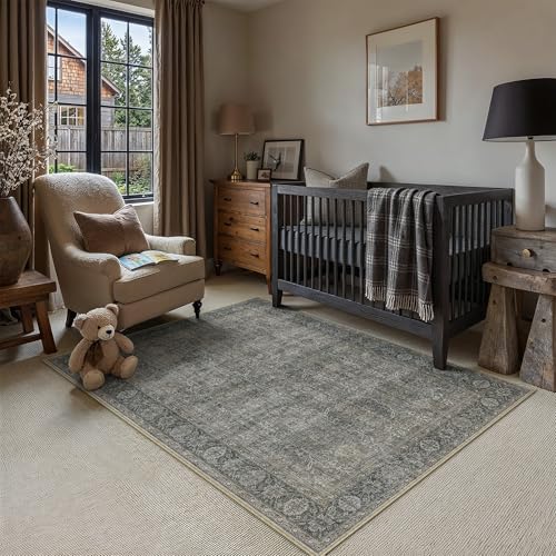 Vintage Area Rug 4x5 Grey Brown Entryway Office Washable Carpet Non Slip Bedroom Indoor Living Room Door Mat Low Pile Traditional Distressed Retro Acc