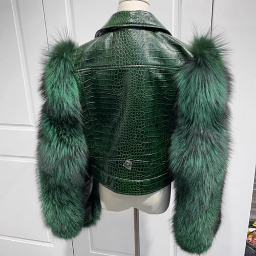 LVCOMEFF Women Sheep Leather Cropped Jacket Bolero Top Coat Motorcycle Jacket With Fox Fur Long Sleeve Crocodile Pattern3