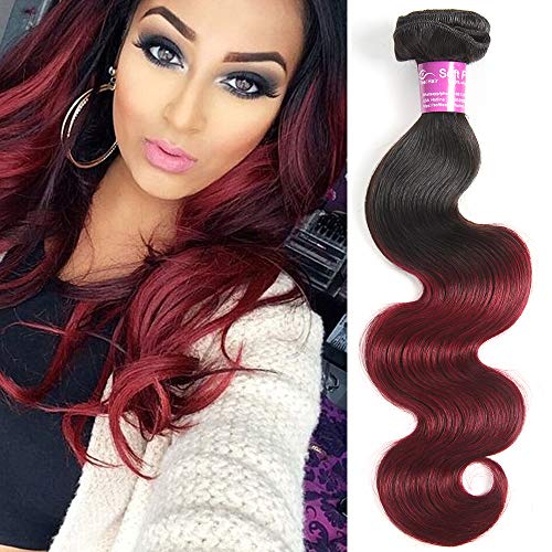 Ombre Human Hair Bundles 1B 99J Burgundy Ombre Brazilian Human Hair One Bundle Body Wave 22 Inches Wet and Wavy Human Hair Weave (1 Bundle 26 Inch)