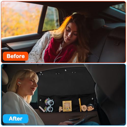 2PC Car Window Shade for Baby,Full Shade Car Curtain with Storage Net Pocket, Car Shades for Back Windows with 7 Suction Cups for Sun/Heat/UV Rays Protection