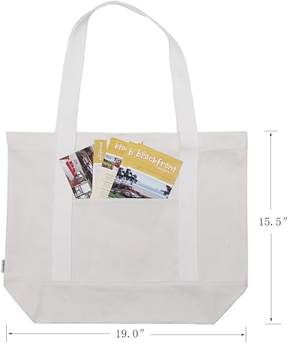 Miniatura 8 de Bolsa de lona 100% algodón resistente con cremallera para playa y hombro con bolsillo exterior, paquete de 2