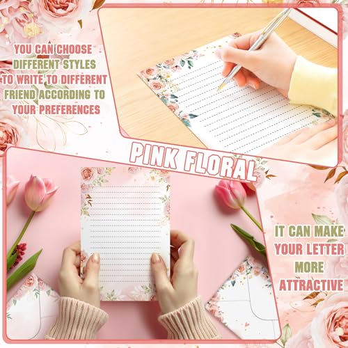Image of TaoBary 160 Pcs Pink Floral Stationery Paper and Envelopes Set 50 Double Sided Lined Stationery Paper with 50 Matching Envelopes and 60 Round Dot Sticker 5.5 x 8.25'' Letter Writing Kit, 10design