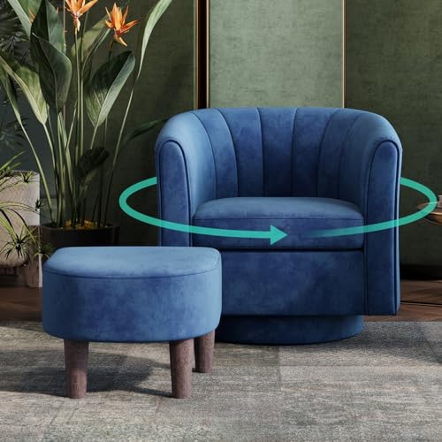LINSY Swivel Accent Chair with Ottoman: Small Velvet Barrel Chair 360 Swivel Modern Armchair Upholstered Reading Chair with Footrest for Living Room Bedroom Study Room (Blue)