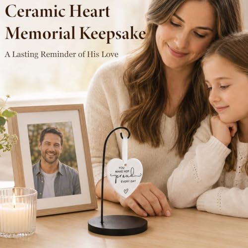 Image of Memorial Gift for Loss of a Loved One, You Make Him Proud Every Day Ceramic Heart Ornament, Sympathy Bereavement Keepsake for Funeral, Remembrance Table, Christmas Tree, Family and Friends