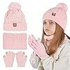 UICCVOKK Kids Winter Hat Scarf Gloves Set, 3-in-1 Winter Warm Thermal Knitted Hat Scarf and Gloves Set for Kids with Pom Pom Beanie, Neck Warmer & Mittens for Children Aged 4-10(Pink)