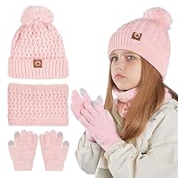 UICCVOKK Kids Winter Hat Scarf Gloves Set, 3-in-1 Winter Warm Thermal Knitted Hat Scarf and Gloves Set for Kids with Pom Pom Beanie, Neck Warmer & Mittens for Children Aged 4-10(Pink)