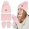 UICCVOKK Kids Winter Hat Scarf Gloves Set, 3-in-1 Winter Warm Thermal Knitted Hat Scarf and Gloves Set for Kids with Pom Pom Beanie, Neck Warmer & Mittens for Children Aged 4-10(Pink)