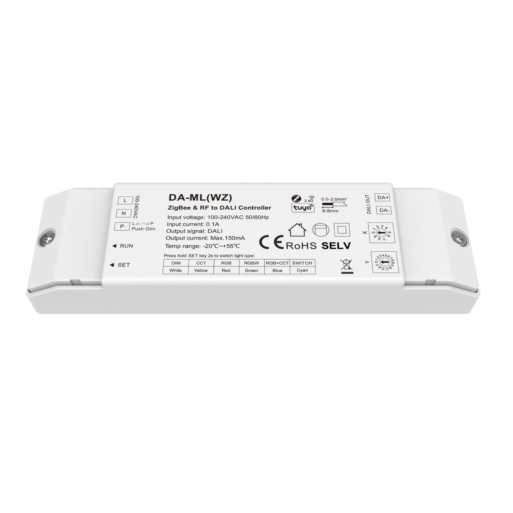 Led Dimmer DALI Zigbee + RF 2.4GHz, App Tuya Smart Life, Push Dim, 1 Indirizzo, Alimentatore Integrato, Uscita 16VDC Max 150mA, Input AC220V, Controller per Striscia Led DIM CCT RGB RGBW RGB+CCT