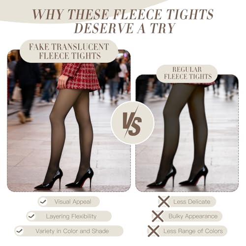 Image of Fleece Lined Tights Fake Translucent Pantyhose for Women Thermal Warm Leggings