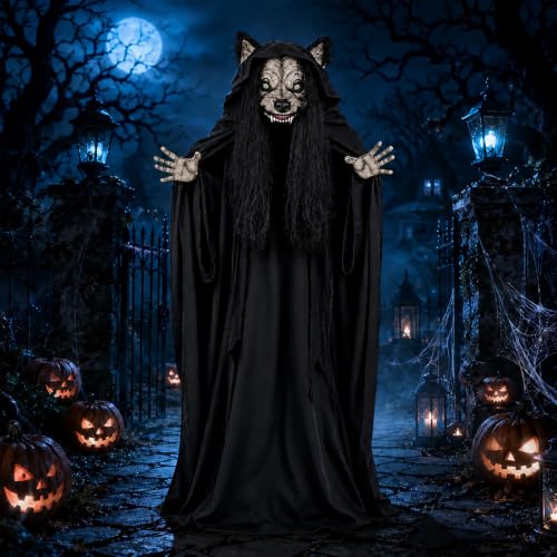66.9" Halloween Animatronic Werewolf Face Changing Prop, Sound Activated w/LED Light Up Eyes & Spooky Sound Effects, 5.6ft Life Size Standing Horror Decoration (Battery NOT Included) by TIMBERHIDE - Used condition - Image 7