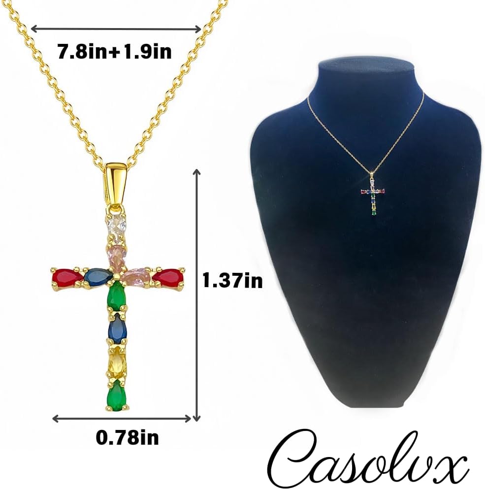 Gold Cross Rainbow Necklace Cross Faith Pendant Necklaces Colored Crystal 18K Gold-plated Exquisite Pendant Prayer Religious Jewelry for Women - Image 3