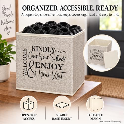 Shoe Cover Box - Welcome Guests to Please Cover Shoes. Indoor Foldable Storage Bin to Fill w/your Favorite Booties. For Homeowner, Real Estate Agent, Realtor Open House Supplies | 1 Beige & Black - Image 5
