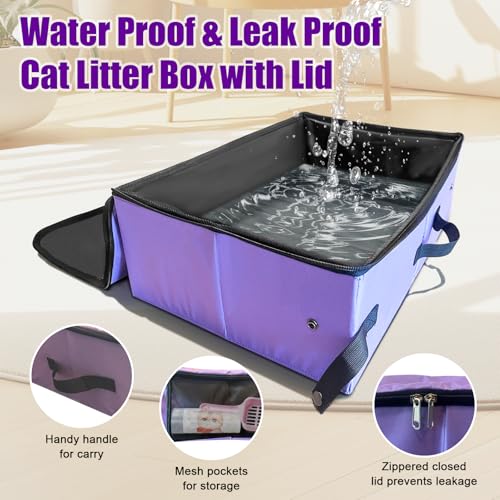 Image of Large Portable Cat Travel Litter Box with Lid,Silicone Folding Bowl & Little Scooper, Leak-Proof and Foldable Travel Cat Litter Box for Hotels, Car and Camping, Odor-Free & Waterproof, 20x14x6.5''
