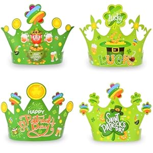 Kreyfer 12 Pcs St. Patrick’s Day Paper Crowns Bulk Party Favors – 4 Designs Green Lucky Leprechaun Hats, Rainbow & Shamrock Headwear, Holiday Party Supplies, Fun Irish Accessories for Kids & Adults