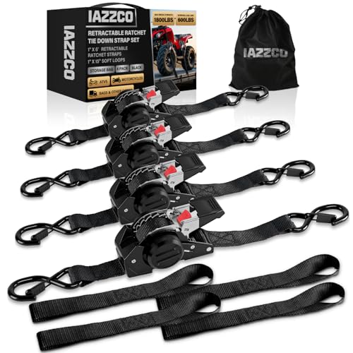 Image of 6FT Retractable Ratchet Straps(4-Pack) - 1 Inch (1800 LB Break Strength) Heavy Duty Self Retracting Ratchet Straps with Soft Loops & Storage Bag for Household, Motorcycle, Truck, ATV(Black)