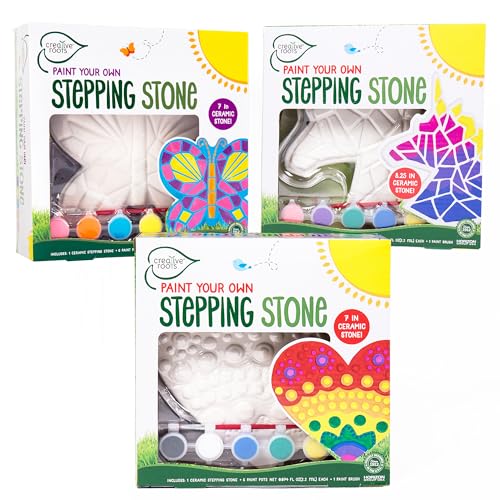 Image of Creative Roots Paint Your Own Stepping Stones Multipack with Butterfly, Unicorn, & Heart, 3 Ceramic Stepping Stones (7 Inch Each), 18 Acrylic Paints, 3 Paintbrushes, Ages 8+