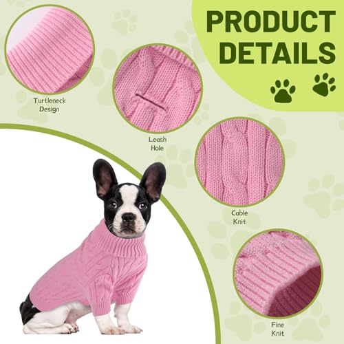 Image of Small Dog Thermal Pullover Sweater, Classic Turtleneck Cable Knitwear Dog Clothes for Cold Weather Warm Pet Clothes for Chihuahua, Bulldog, Dachshund, Pug Pink XX-Large
