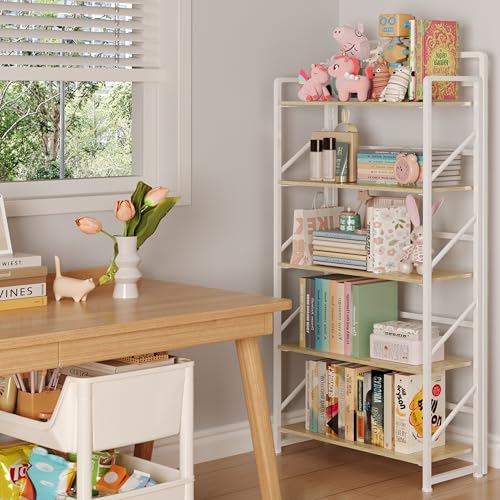 Image of JSB Folding Bookshelf,Industrial Storage Shelves, No Assembly Vintage Wood Look Bookshelf with Storage Shelves for Living Room, Bedroom, Office (White, 5-Tier)